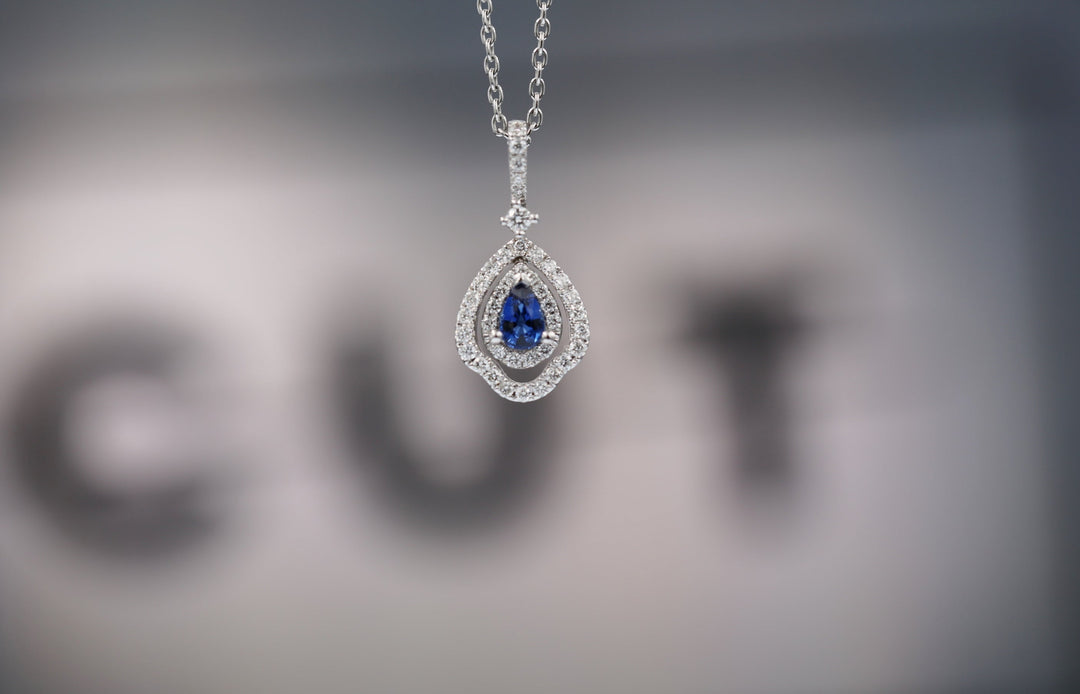 Blue Sapphire & Diamond Double Halo Drop Pendant