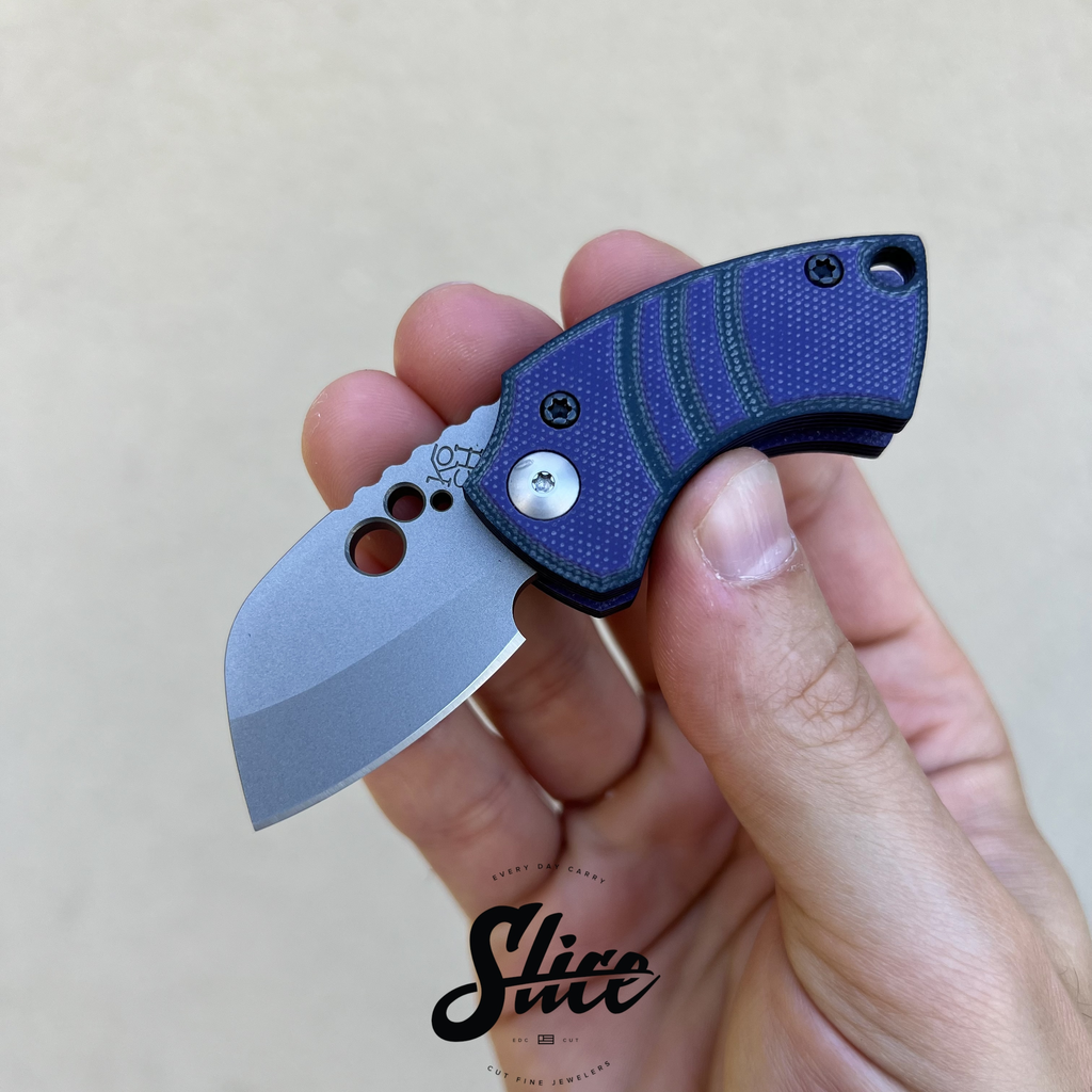 Hand holding a small knife with a blue handle and metallic blade against a plain background.