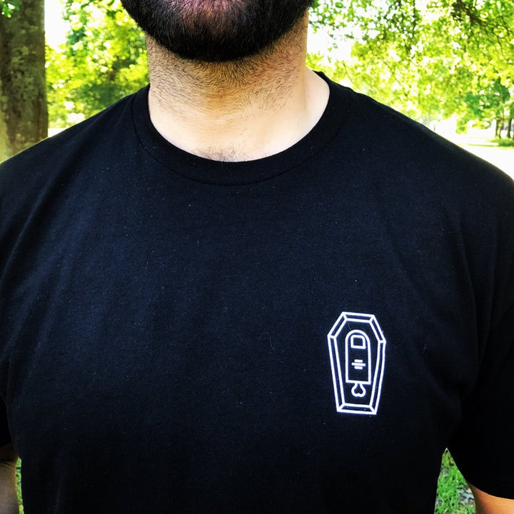 Cut me once, shame on me finger coffin t-shirt.