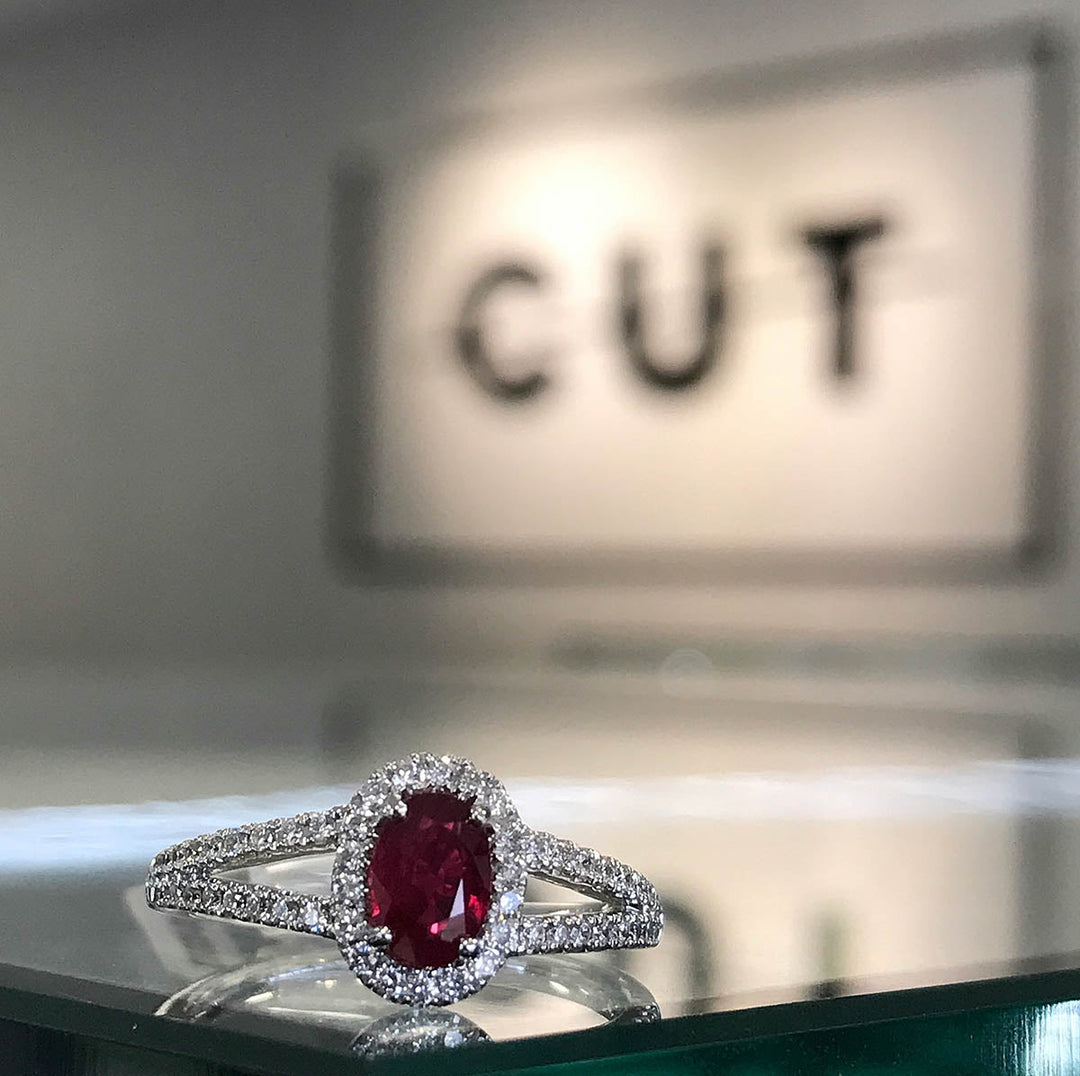 Classic Oval Ruby Halo with Split Shank Ring